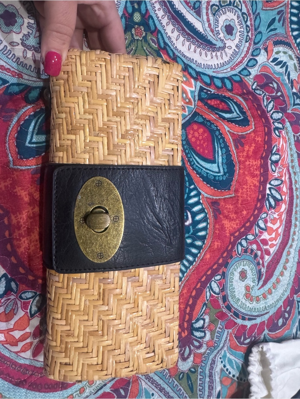 Woven Straw Clutch with Black Leather Accent